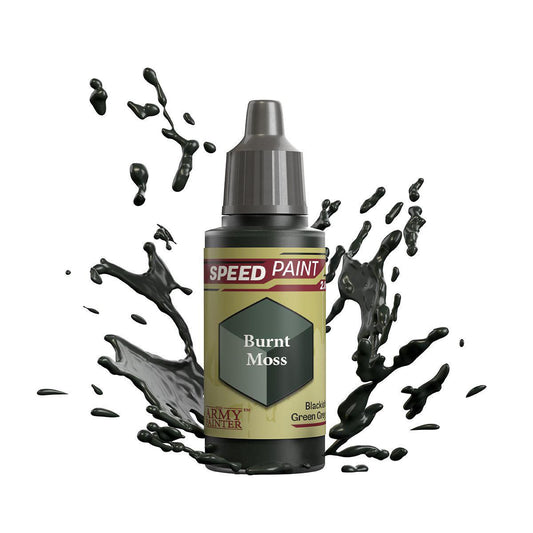 Army Painter Speedpaint Burnt Moss bottle with green paint splashes on a white background.