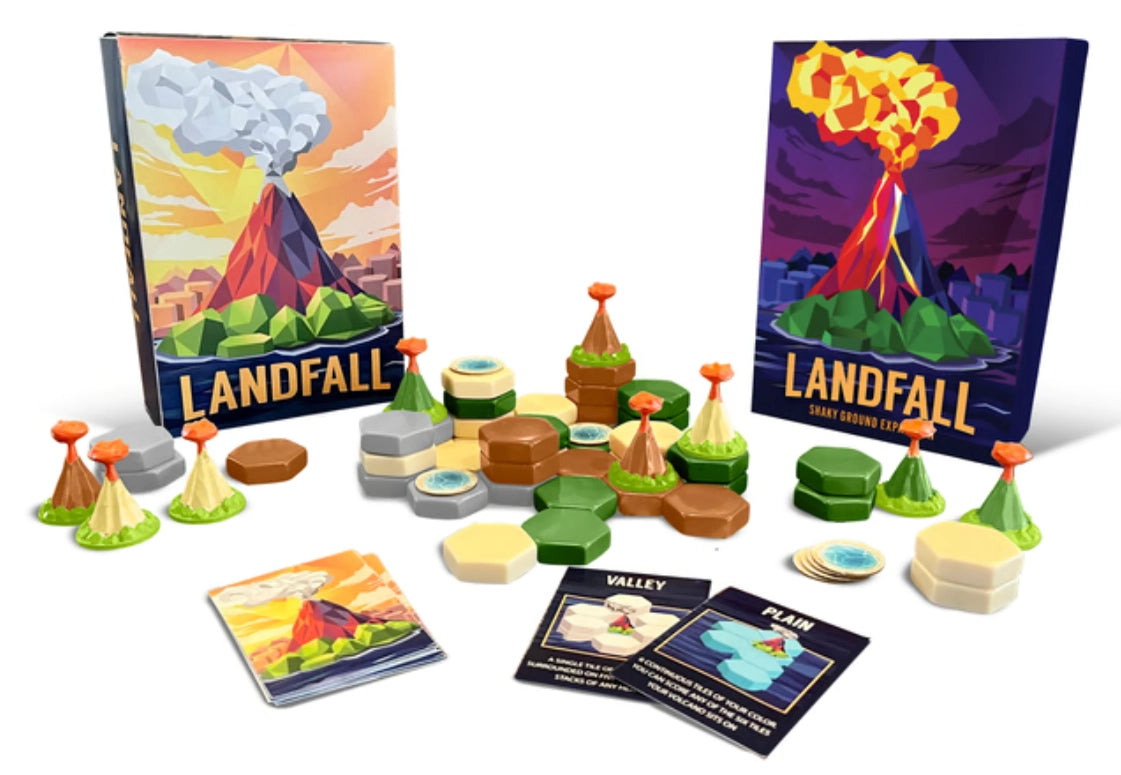 Landfall: Combo Pack board game with 3D volcano pieces, hex tiles, and cards.