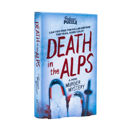 Death in Alps boxed murder mystery game set at a ski resort. Cover shows snowy footprints and evidence analysis.