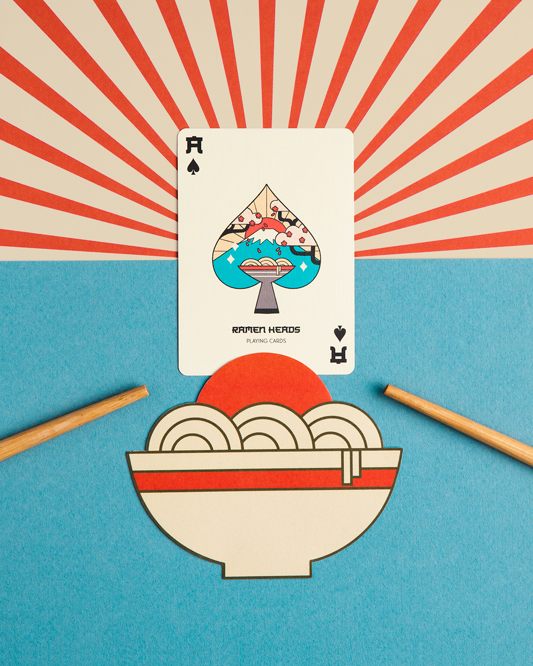 Ramen Heads playing cards: Ace of spades with noodle bowl and chopsticks illustration.