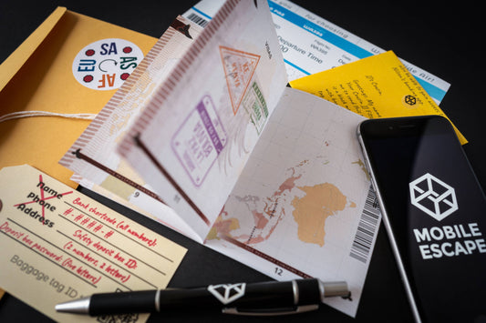 Passport, documents, pen, and phone displaying Family Secrets: Episode 4 - On The Run logo on a black surface.