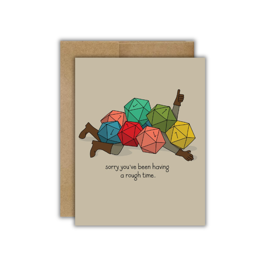 Natural 1 Avalanche TTRPG Sympathy Card featuring a thumbs-up hand beneath colorful dice.
