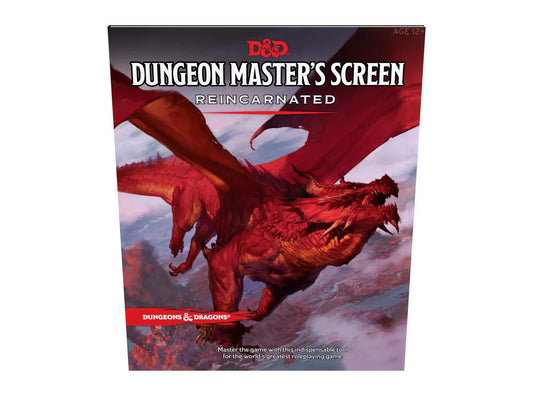 Dungeon Masters Screen Reincarnated cover featuring a red dragon flying over mountains.