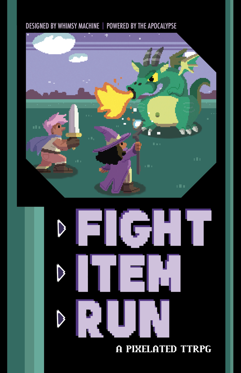 Fight Item Run (softcover), a Powered by the Apocalypse tabletop RPG. Pixel art cover with two adventurers and a green dragon.