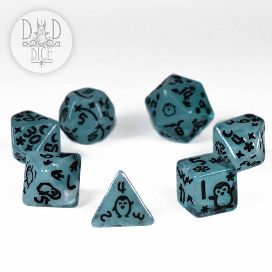 Set of six blue resin dice for tabletop games, each featuring black penguin illustrations and numbers in a semicircle.