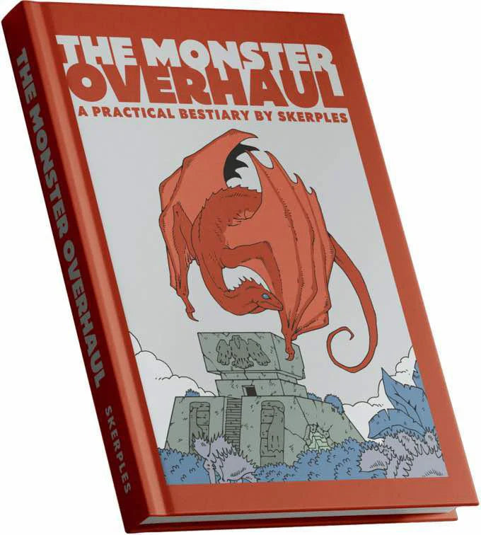 The Monster Overhaul hardcover bestiary displaying a red dragon over ruins on the cover.