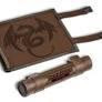 Brown Dice Rolling Scroll Pathfinder case with dragon design and matching holder.