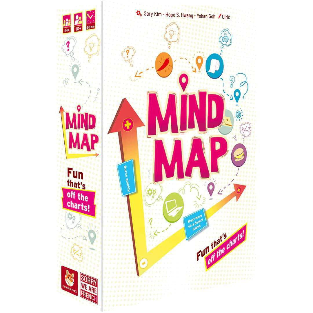 Mind Map strategy board game box with colorful arrows, icons, and the tagline “Fun that’s off the charts”.