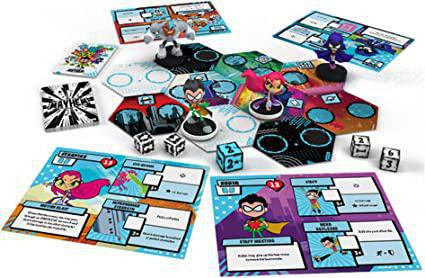 Teen Titans Go Mayhem board game with character cards, dice, figures, tiles, and action cards displayed.