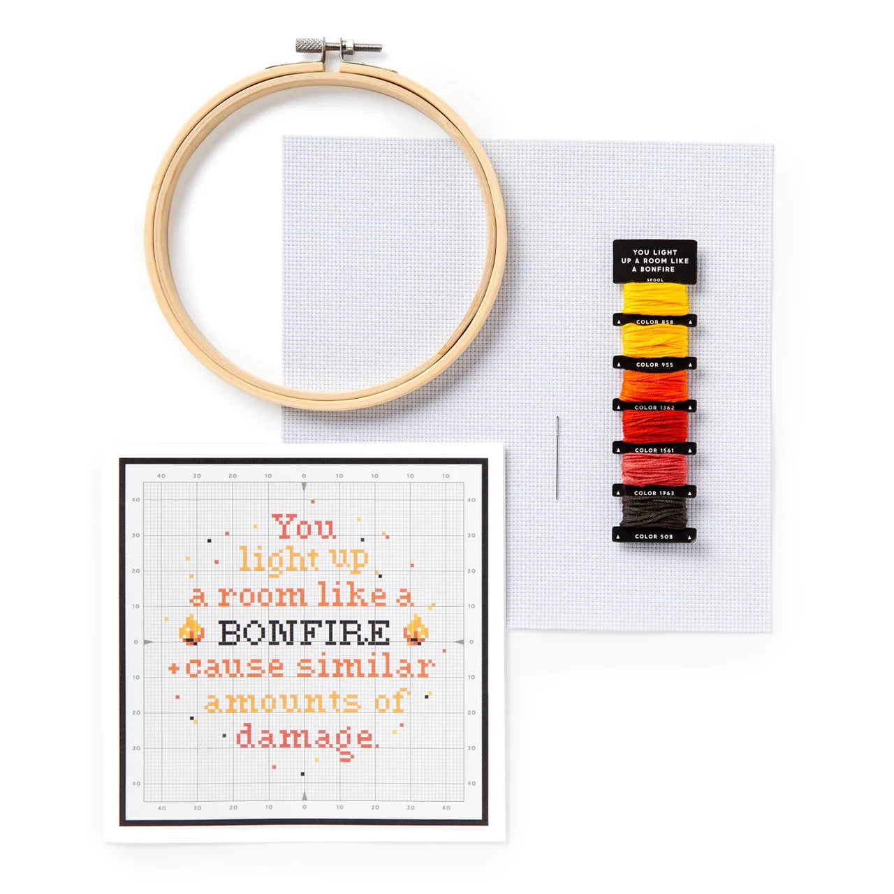 You Light Up A Room Cross Stitch Kit with hoop, thread, fabric, and “You light up a room…” pattern.
