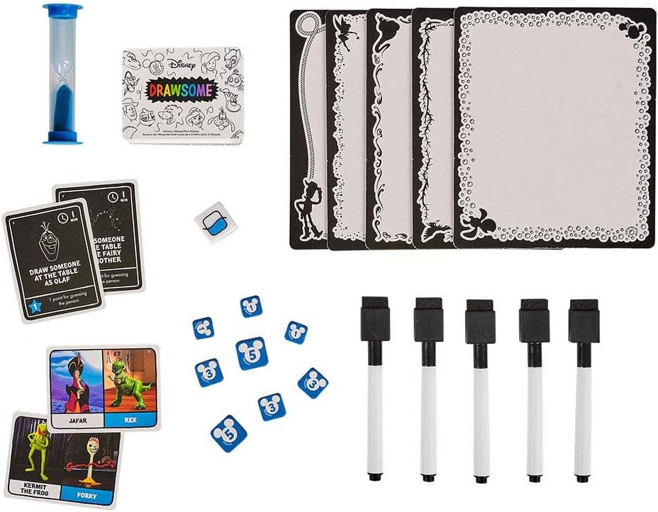 Disney Drawsome Pixar game set with boards, markers, timer, cards, tokens, and erasers.