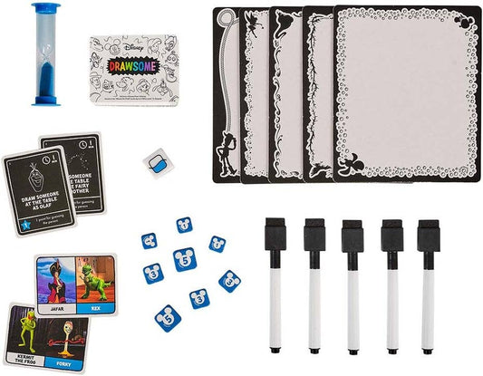 Disney Drawsome Pixar game set with boards, markers, timer, cards, tokens, and erasers.