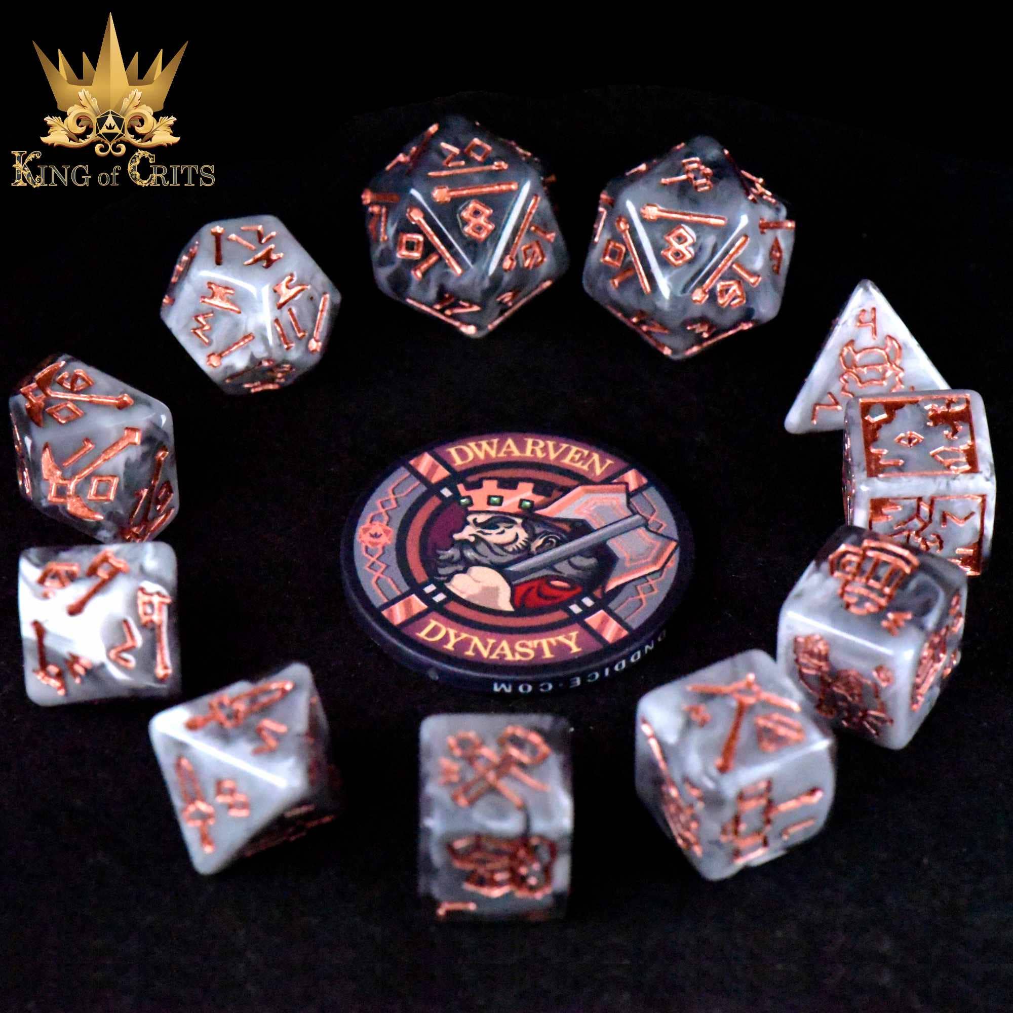 Dwarven Dynasty 11-piece set with marbled dice featuring copper numbers and a ceramic poker chip with dynasty logo.