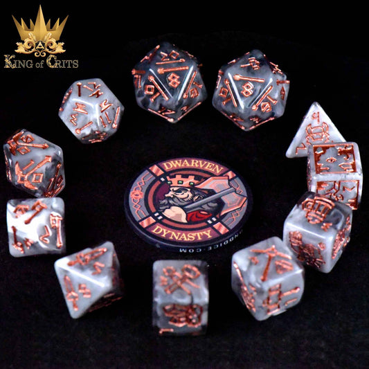 Dwarven Dynasty 11-piece set with marbled dice featuring copper numbers and a ceramic poker chip with dynasty logo.