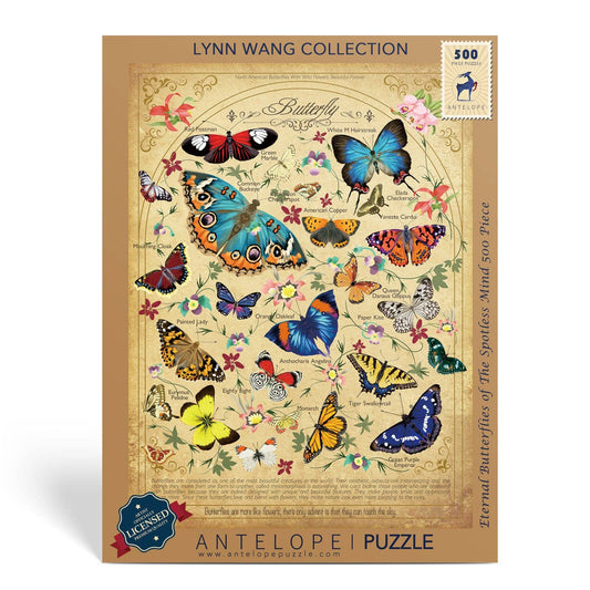 Eternal Butterflies of The Spotless Mind 500-piece puzzle featuring colorful species illustrations by Lynn Wang.