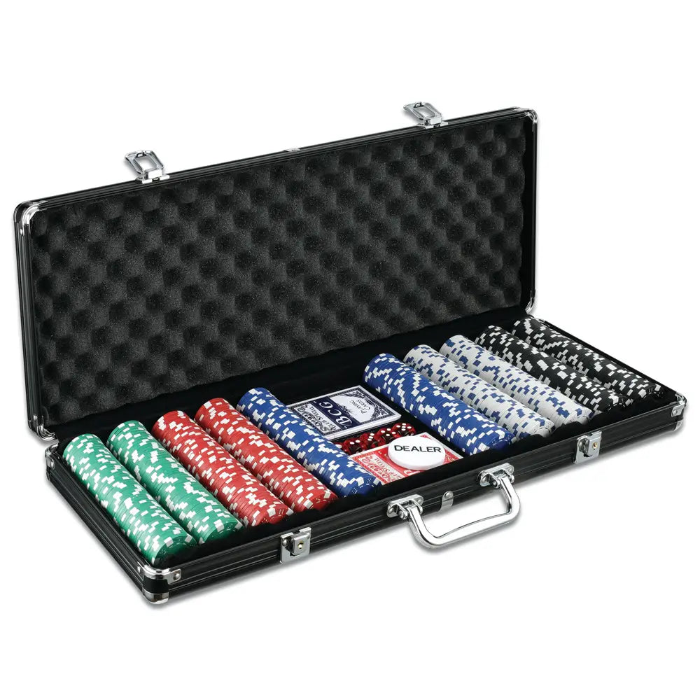 Black poker chip case with 500 chips, playing cards, and dealer button in a foam-lined aluminum case.