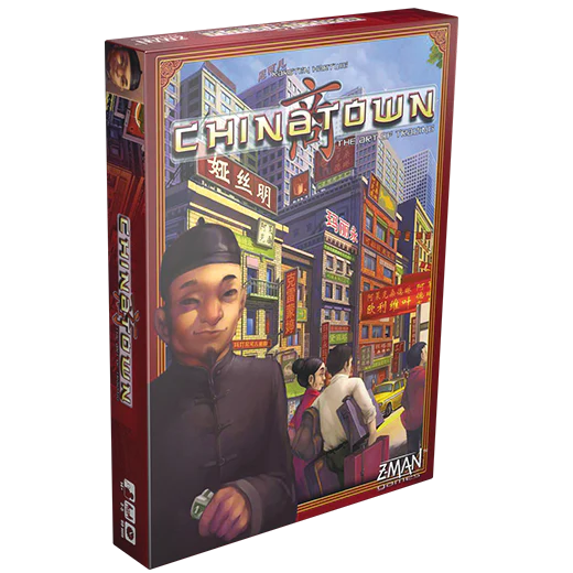 Chinatown board game box featuring artwork of a man holding money on a 1960s New York City street.