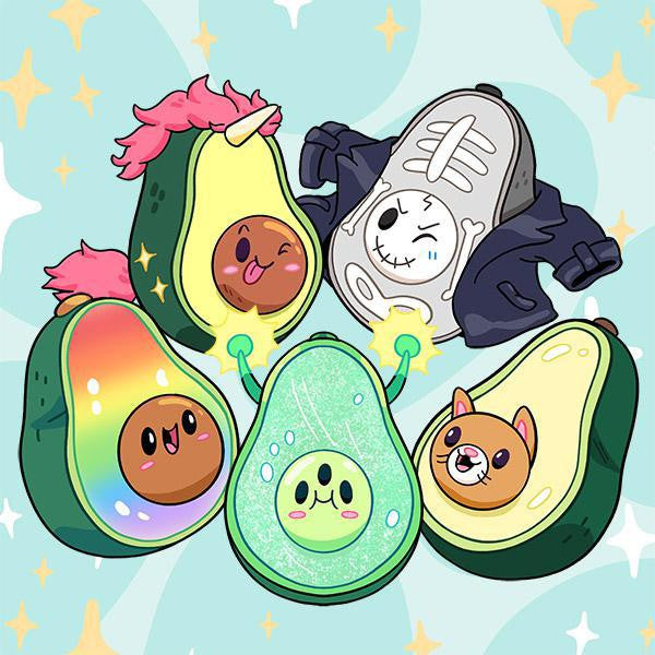Alter Ego Avocado: set of five cartoon avocado figures styled as unicorn, skeleton, rainbow, glowing, and dog characters.
