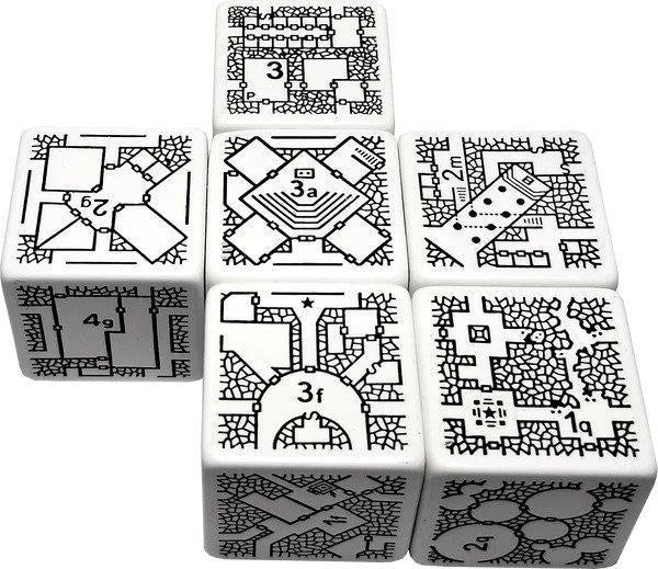 Six white DungeonMorph Dice Voyager Set dice featuring black dungeon maps and numbers.