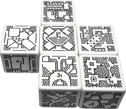 Six white DungeonMorph Dice Voyager Set dice featuring black dungeon maps and numbers.