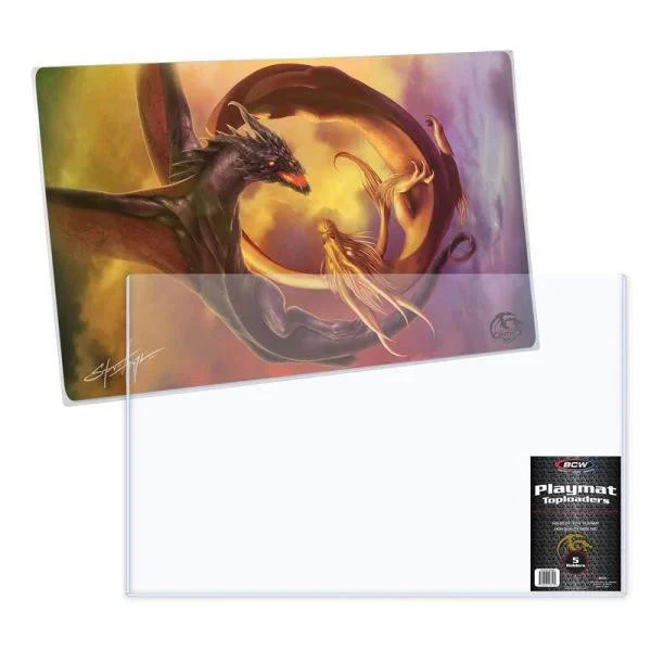 Playmat Topload Holder 24x14 for gaming playmat protection shown next to a dragon and phoenix playmat.