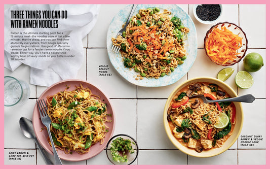 Three bowls of ramen from What To Cook When You Dont Feel Like Cooking, each with assorted toppings.
