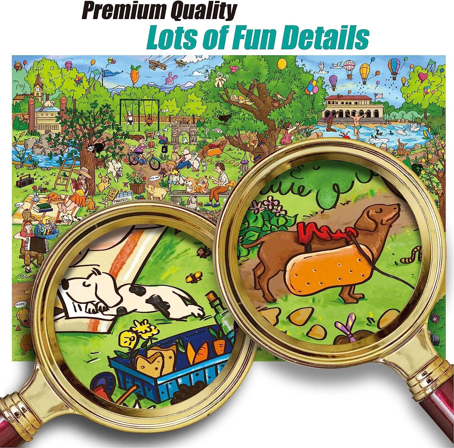 Dog Park Leisure Time 1000 Piece Jigsaw Puzzle featuring a colorful park scene with playful dogs and hidden details.