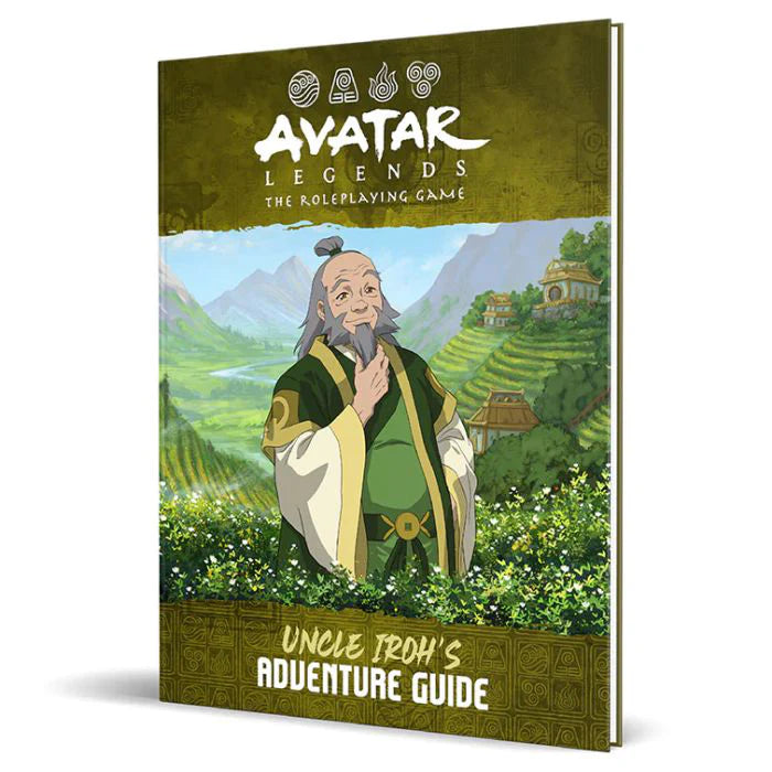 Avatar Legends: Uncle Irohs Adventure Guide book with Uncle Iroh on the cover and Jasmine Island in the background.
