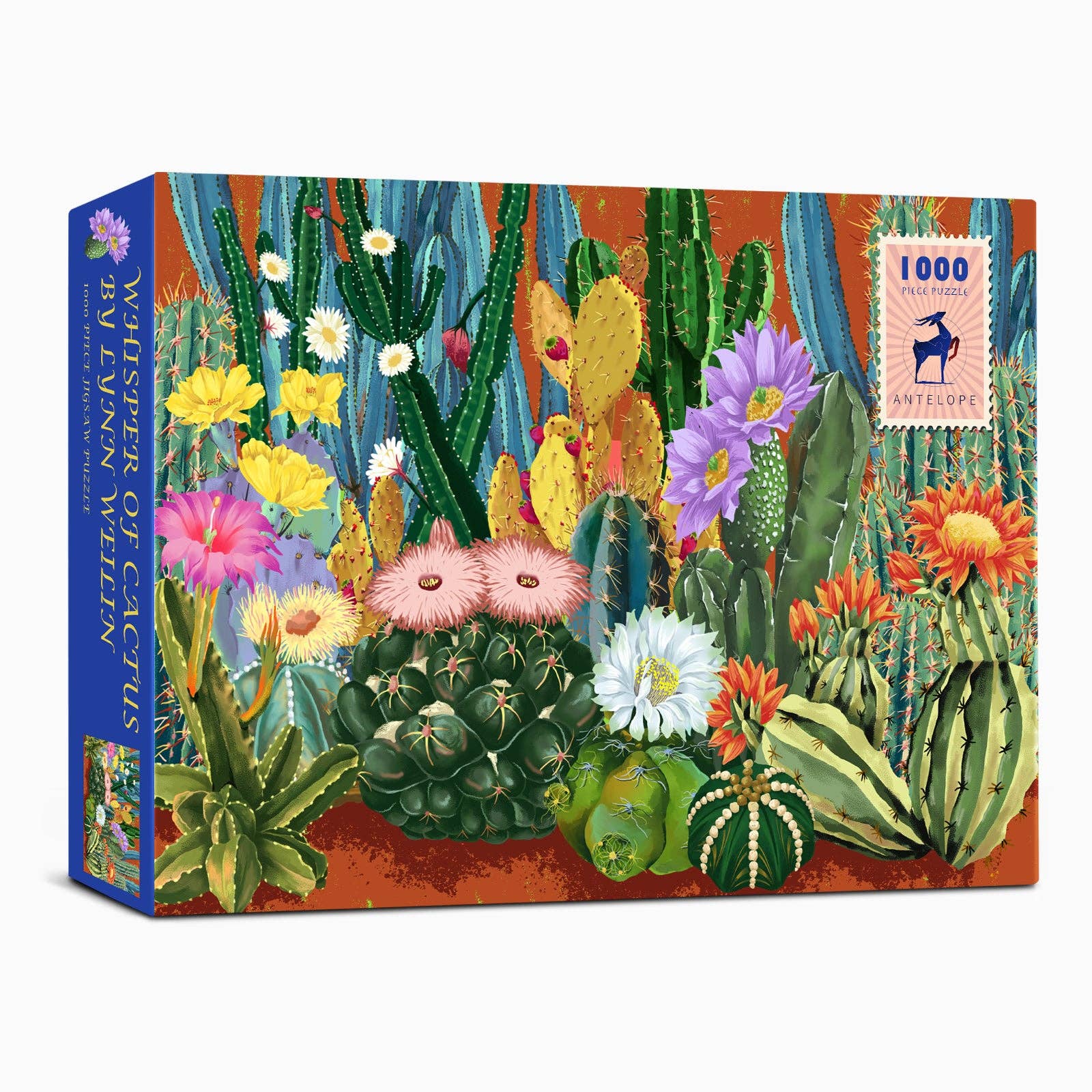 1000-piece puzzle box featuring North American cactus art, faux stamp, and “Whisper of Cactus” by Lynn Weilin.