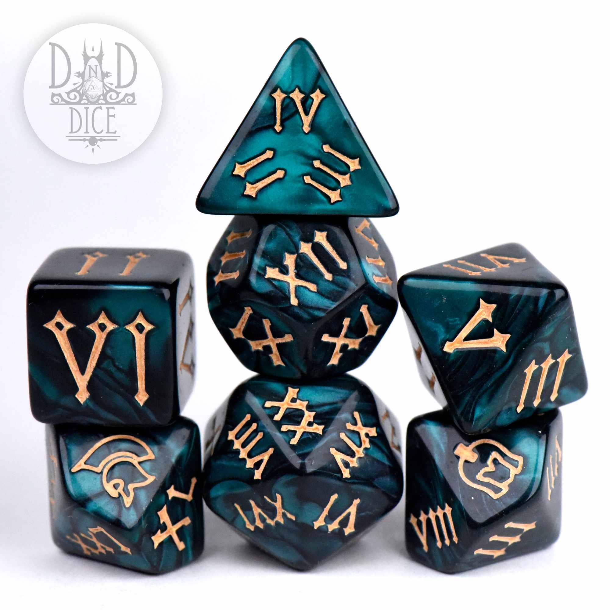 Six Roman Legion Green resin polyhedral dice with gold numbering.