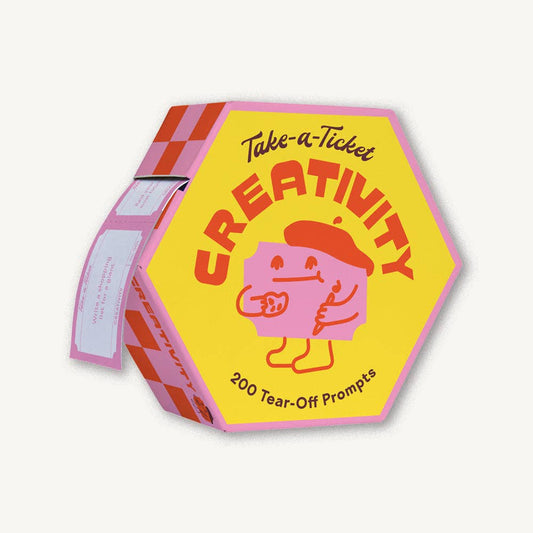 Take-a-Ticket: Creativity, hexagonal box containing artist prompts, packaging features cartoon character.