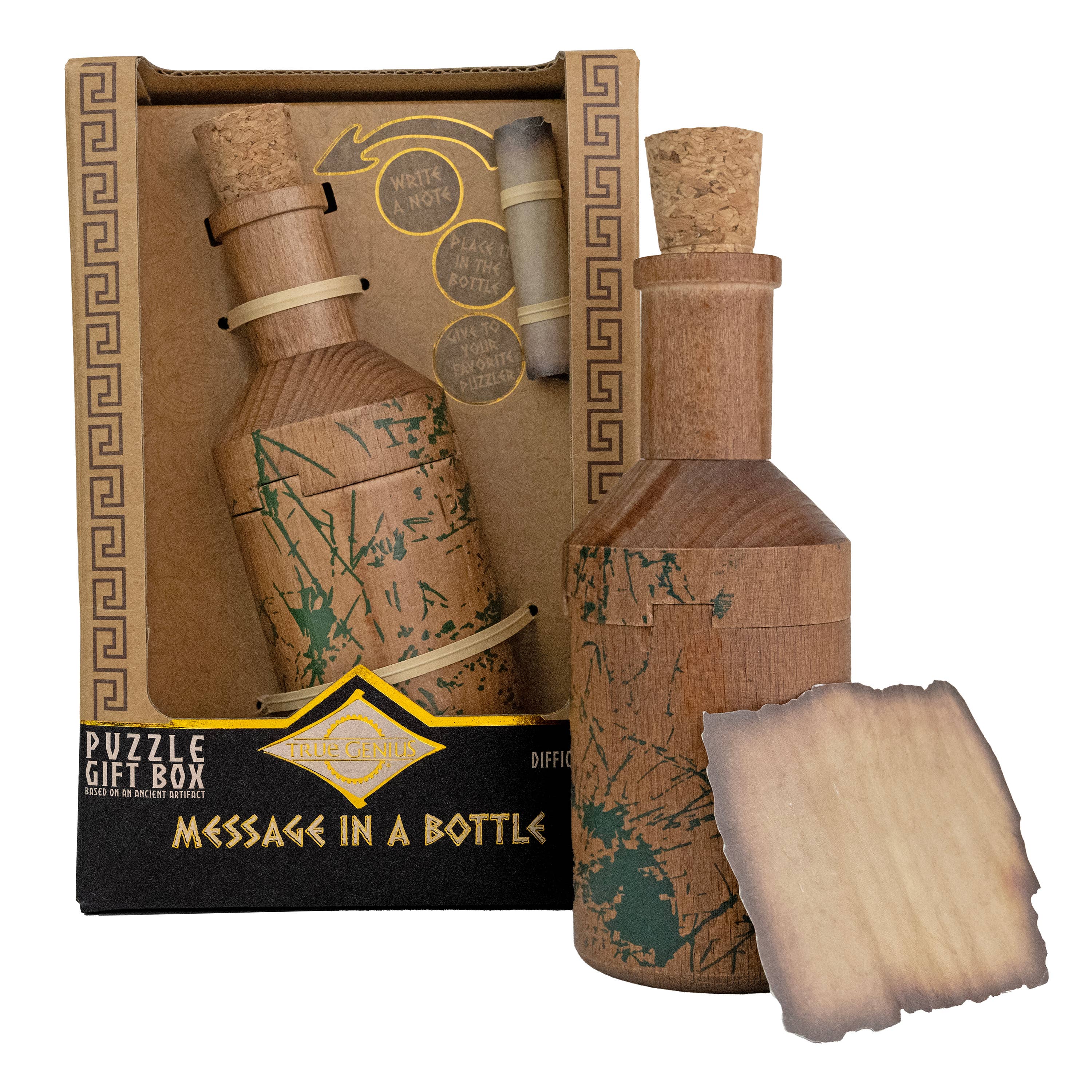 Message in a Bottle Secret Puzzle Box with cork, message note, and blank parchment-style paper in front.