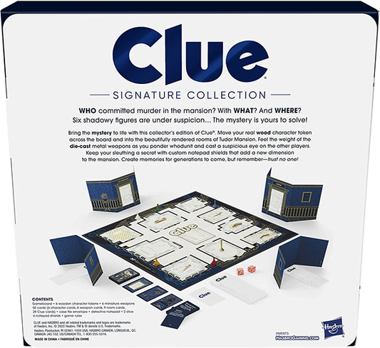 Clue Signature Collection game box, board, cards, and mansion pieces.