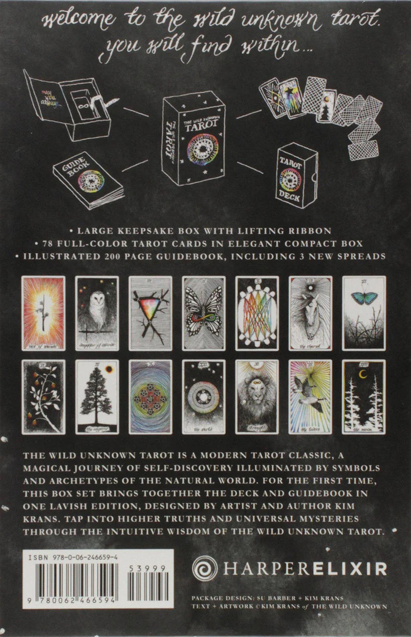 Wild Unknown Tarot Deck and Guidebook by Kim Krans, showing card backs and a guidebook overview.