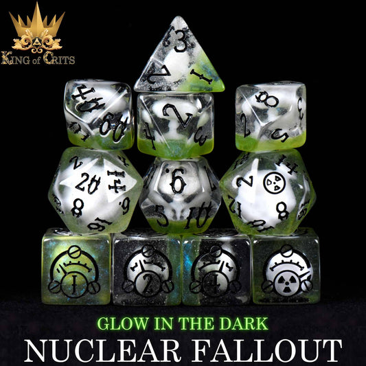 Nuclear Fallout 11-piece glow-in-the-dark DnD dice set with nuclear symbols by King of Crits.