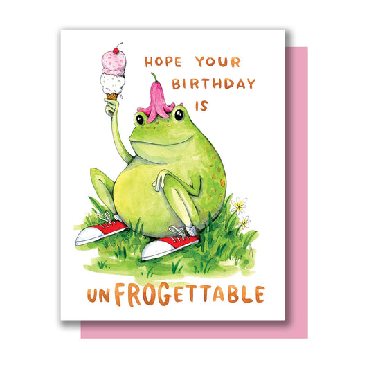 The Unfrogettable Frog Birthday Card with a frog in red sneakers, ice cream, and the text: Hope your birthday is unfrogettable.