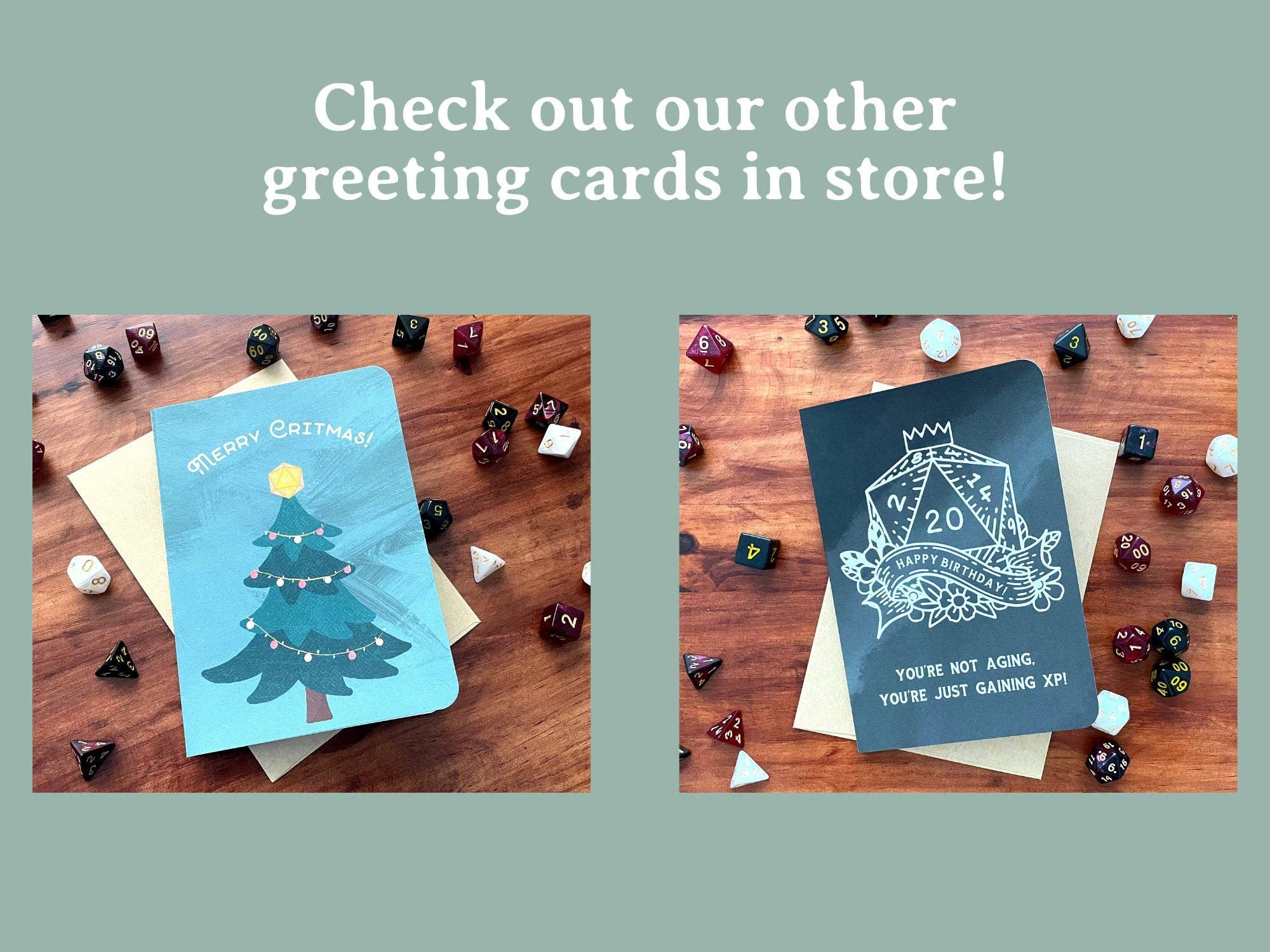 Handmade holiday card and D&D Holiday Cheer +5 Christmas card on a wooden table.