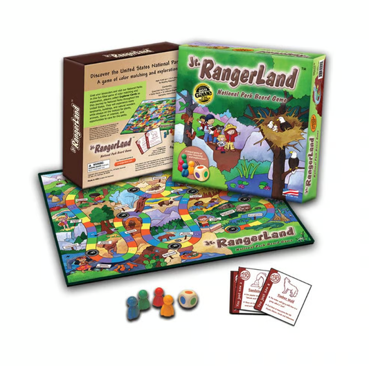 Jr. Rangerland National Park Board Game with game board, explorer cards, playing pieces, and die.