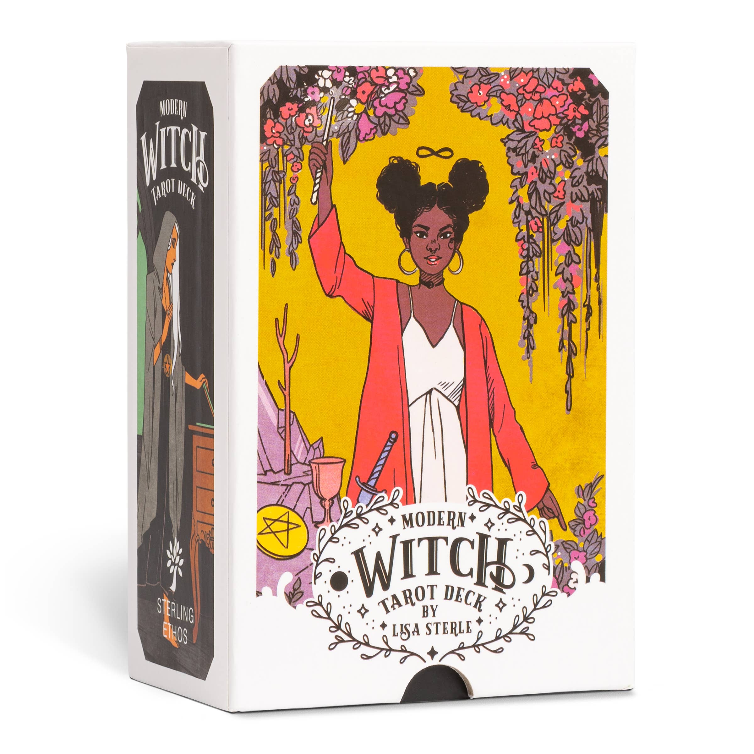 Modern Witch Tarot Deck box with displayed tarot cards and artwork of a woman holding a wand among flowers.