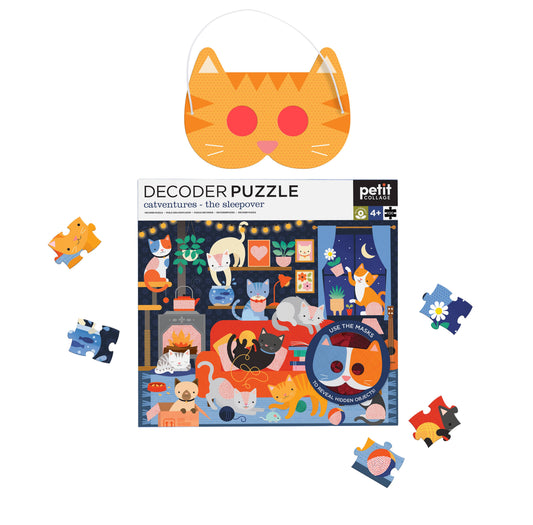 Catventures – The Sleepover, 100-piece decoder puzzle featuring cats solving clues at a campfire sleepover.