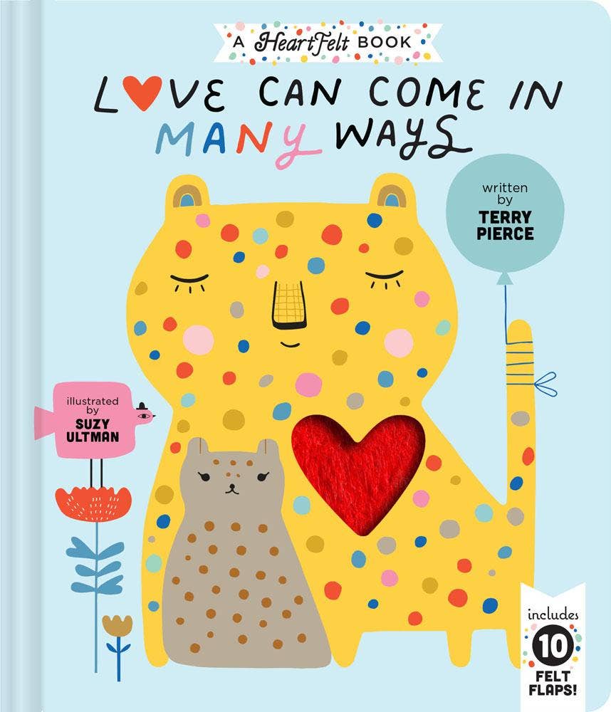 Love Can Come in Many Ways book with felt flaps, yellow cat, gray cat, and red heart on the cover.