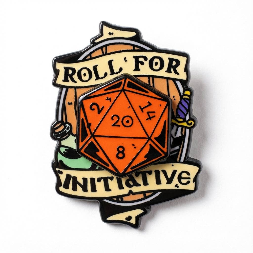 Roll For Initiative D20 Dice Pin (Deluxe): orange twenty-sided die on a banner reading ROLL FOR INITIATIVE.