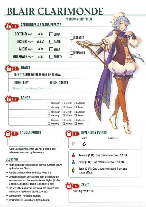 Fabula Ultima: Press Start character sheet with stats, traits, abilities, and fantasy illustration for tabletop RPG.