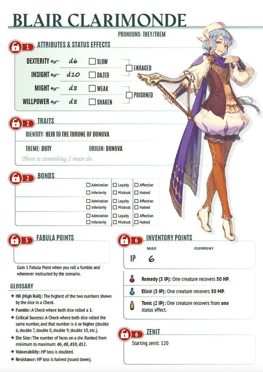 Fabula Ultima: Press Start character sheet with stats, traits, abilities, and fantasy illustration for tabletop RPG.