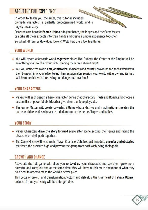 Fabula Ultima: Press Start book on story creation, world-building, characters, and growth for JRPG-inspired play.