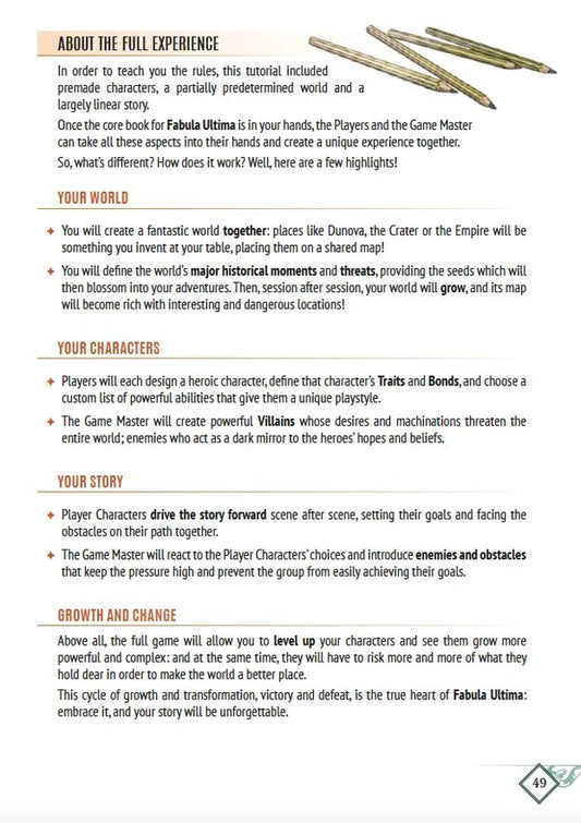 Fabula Ultima: Press Start book on story creation, world-building, characters, and growth for JRPG-inspired play.