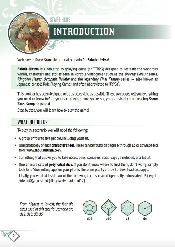Fabula Ultima: Press Start rulebook with four dice shown for tabletop RPG use.