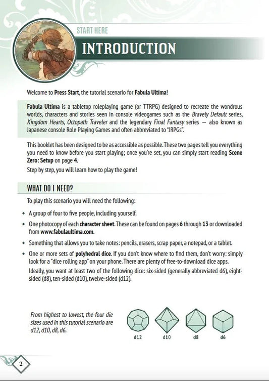 Fabula Ultima: Press Start rulebook with four dice shown for tabletop RPG use.