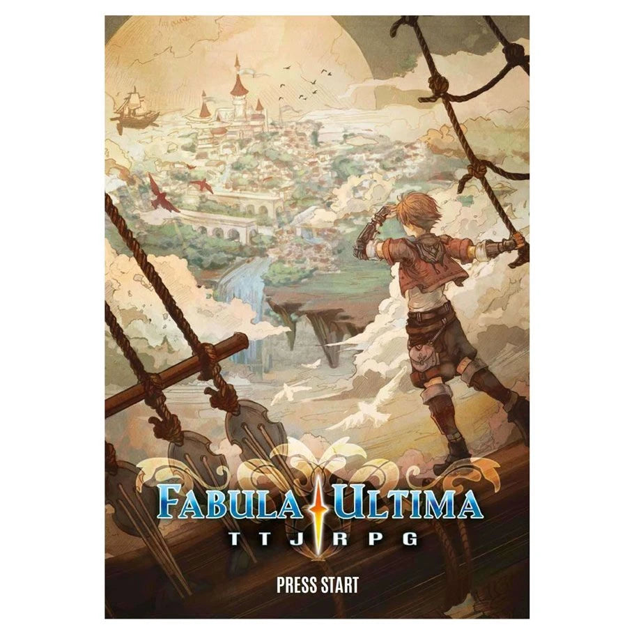 Fabula Ultima: Press Start logo with character on airship above a fantasy city in background.
