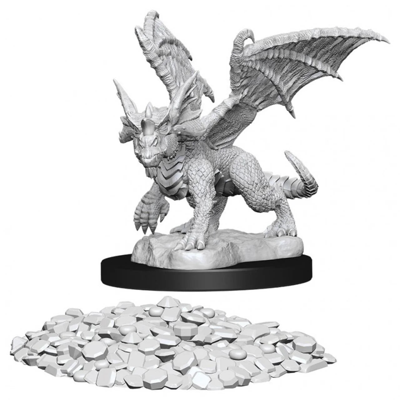 D&D: NMU: BZ Wyrmling & Treasure W13 dragon miniature with large wings on base, guarding treasure.